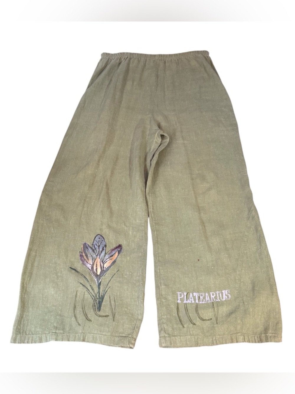 Blue Fish Clothing SZ 0 Large Green Hand Painted Linen Pants Floral Cottagecore